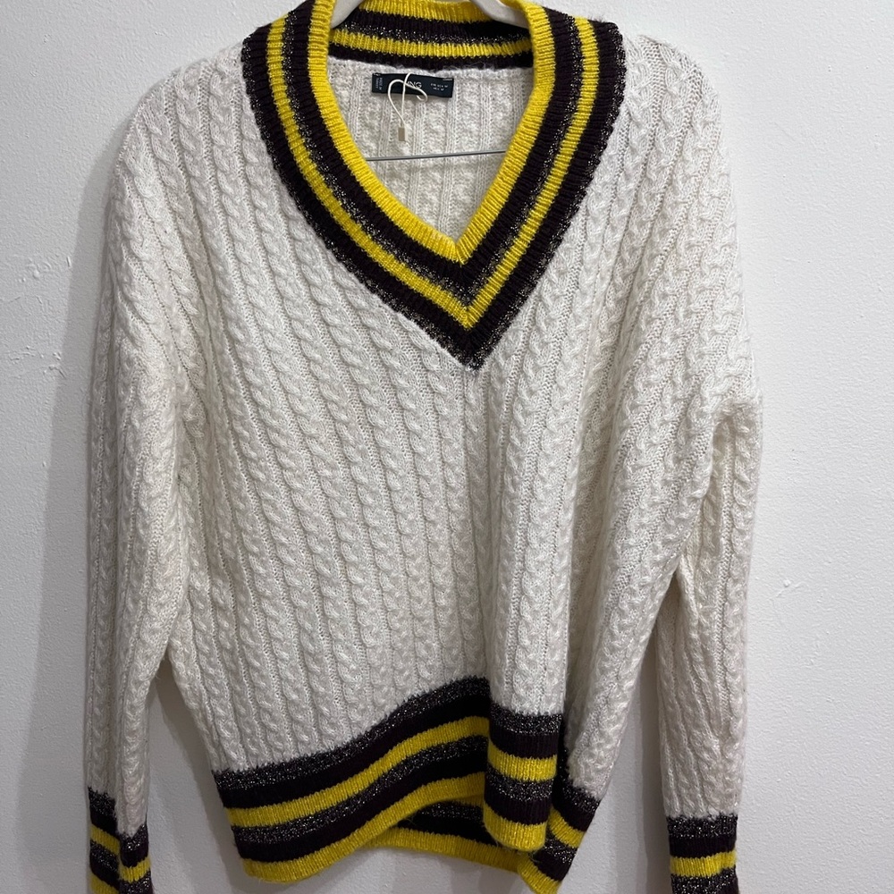 Mango White Sweater with Yellow and Brown Accents